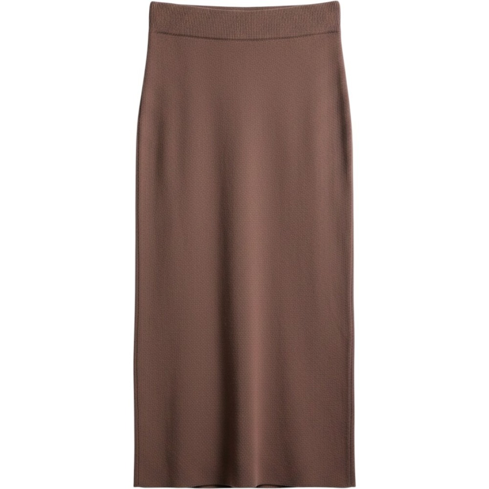 Miou Muse Knit Midi Skirt L Coco Brown Side Slit Ribbed Waist MMS1889 Minimalist